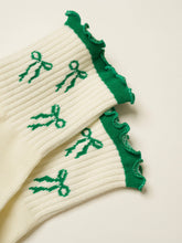 Load image into Gallery viewer, Green Bow Ruffle Grippy Sock
